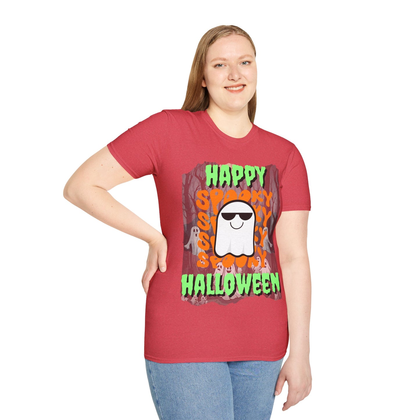 Spooky Happy Halloween Ghost Light colors Green font Unisex T-Shirt by CreepyCrafts.boo
