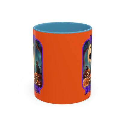 Happy Halloween Cute Witch Purple font Orange Accent Mug by CreepyCrafts.boo