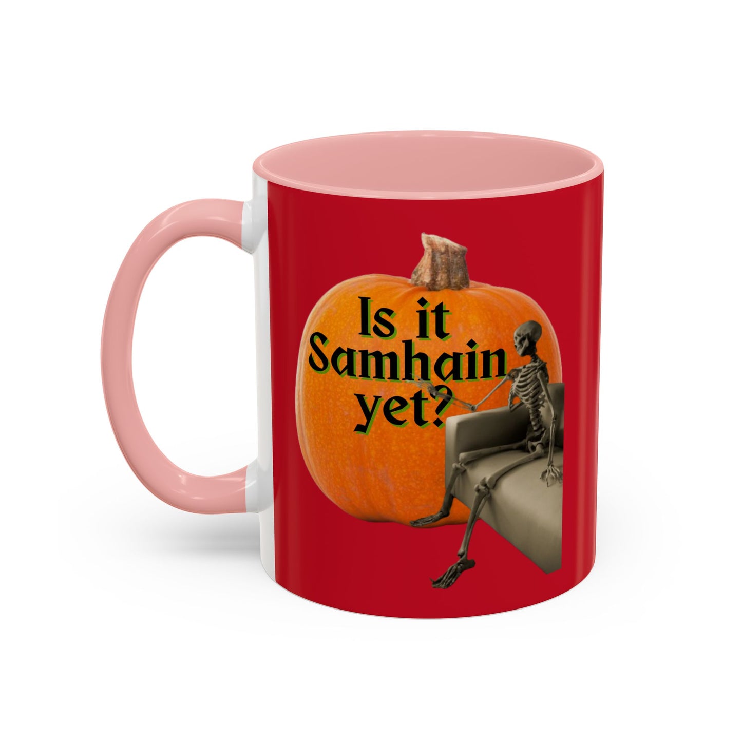 Is It Samhain Yet? Skeleton's Giant Pumpkin Red Accent Mug by CreepyCrafts.boo
