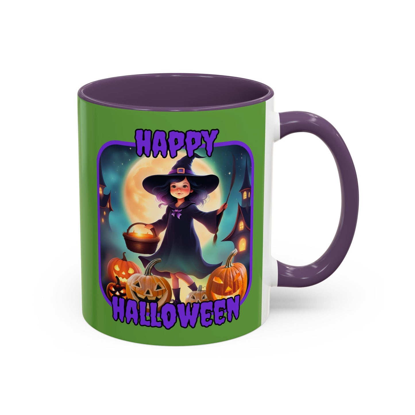 Happy Halloween Little Witch Purple font Green Accent Mug by CreepyCrafts.boo