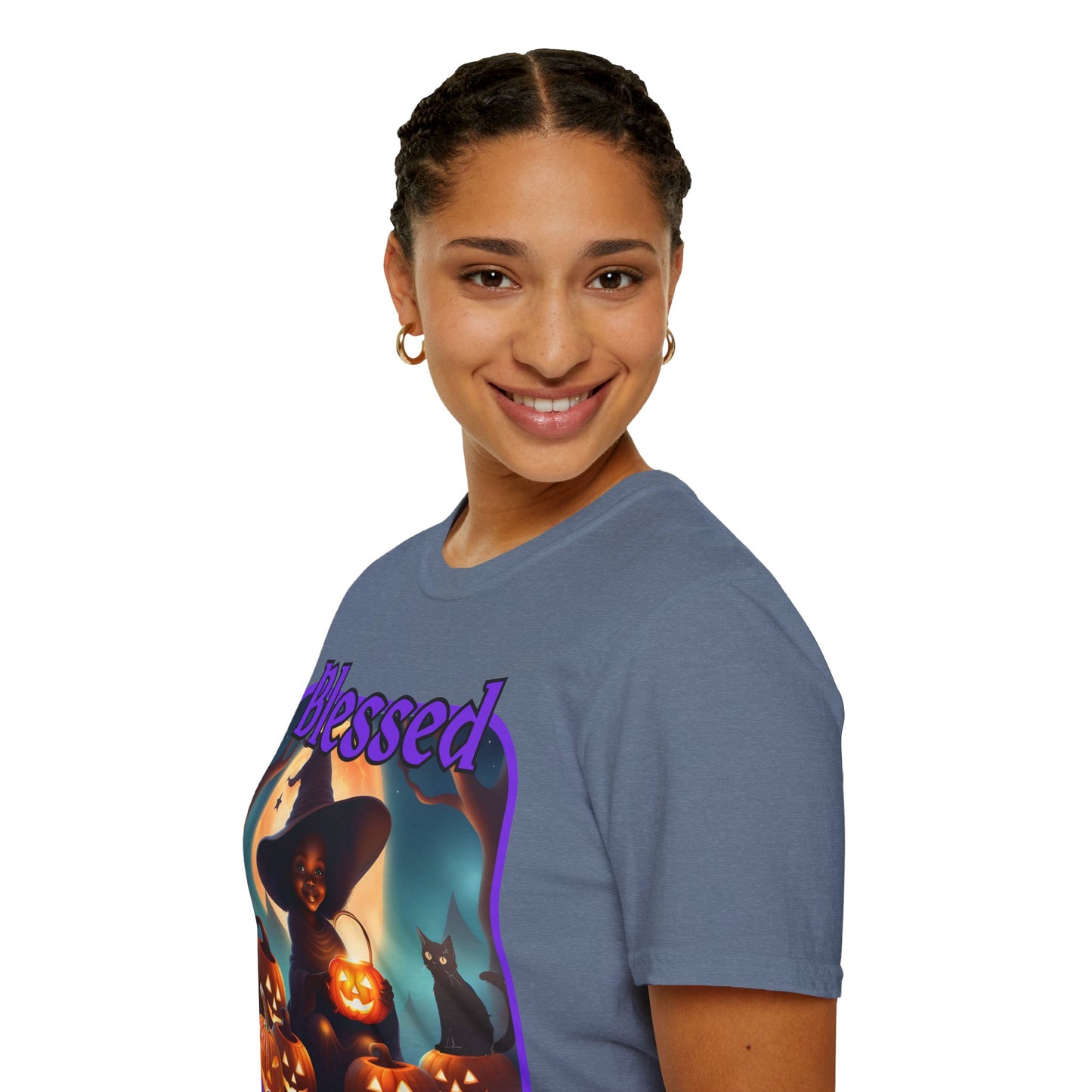 Blessed Samhain Cute Witch Purple font Dark colors Unisex T-Shirt by CreepyCrafts.boo