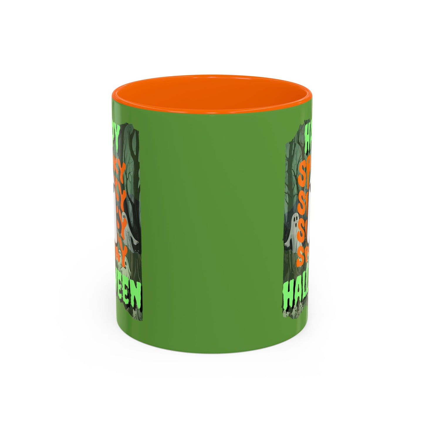 Spooky Happy Halloween Ghost Green font Green Accent Mug by CreepyCrafts.boo