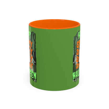Spooky Happy Halloween Ghost Green font Green Accent Mug by CreepyCrafts.boo