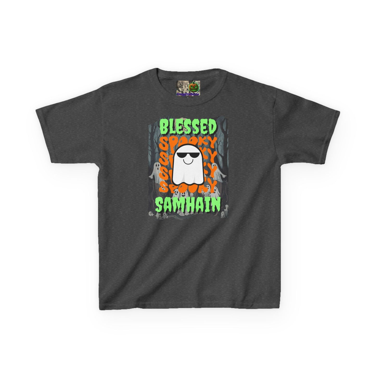 Spooky Blessed Samhain Ghost Green font Kids Heavy Cotton™ Tee by CreepyCrafts.boo