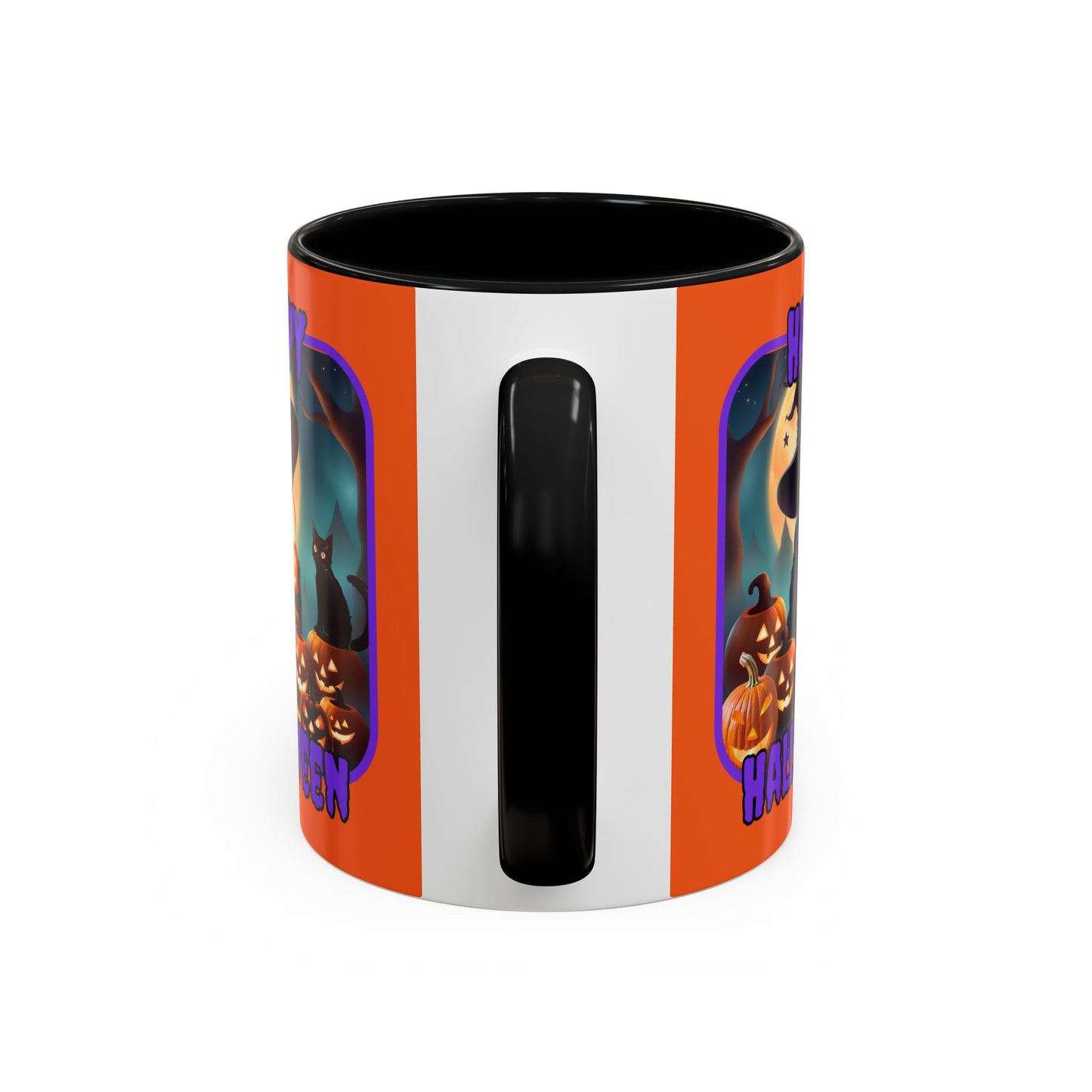 Happy Halloween Cute Witch Purple font Orange Accent Mug by CreepyCrafts.boo