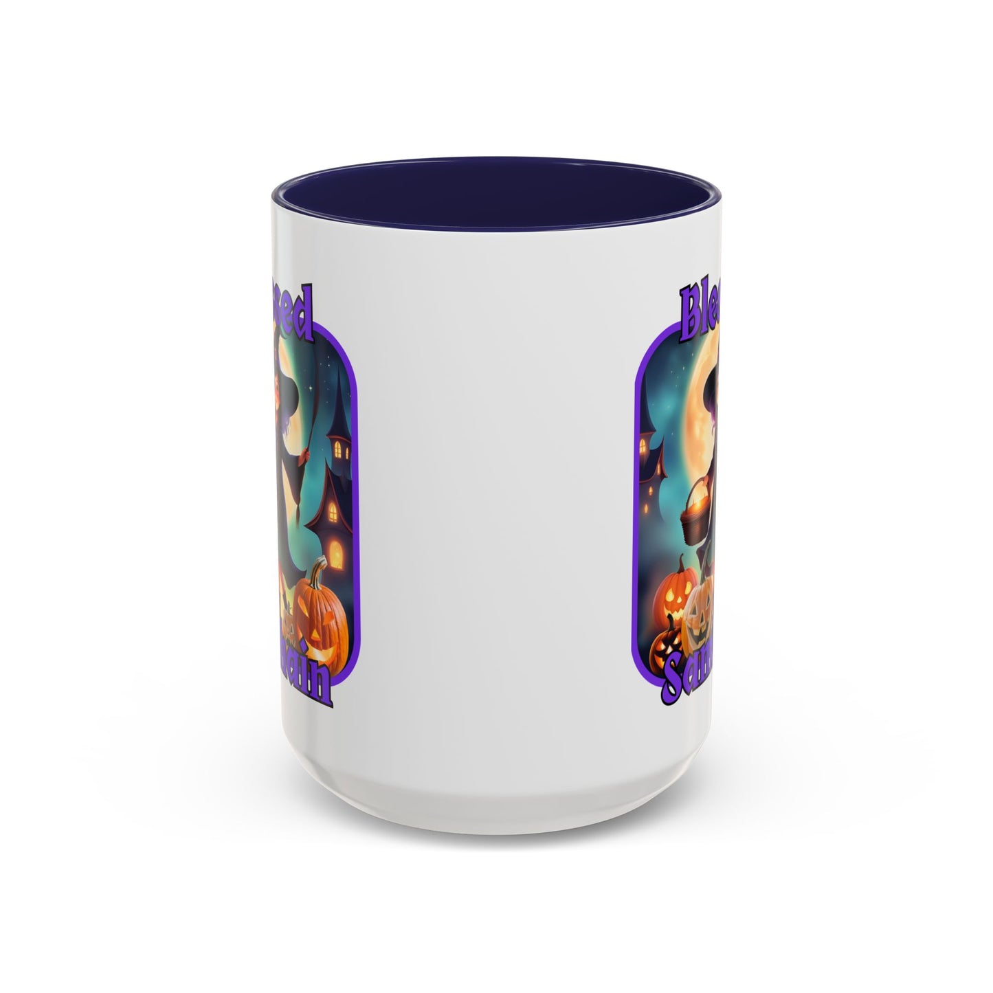 Blessed Samhain Little Witch Purple font White Accent Mug by CreepyCrafts.boo