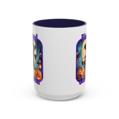 Blessed Samhain Little Witch Purple font White Accent Mug by CreepyCrafts.boo