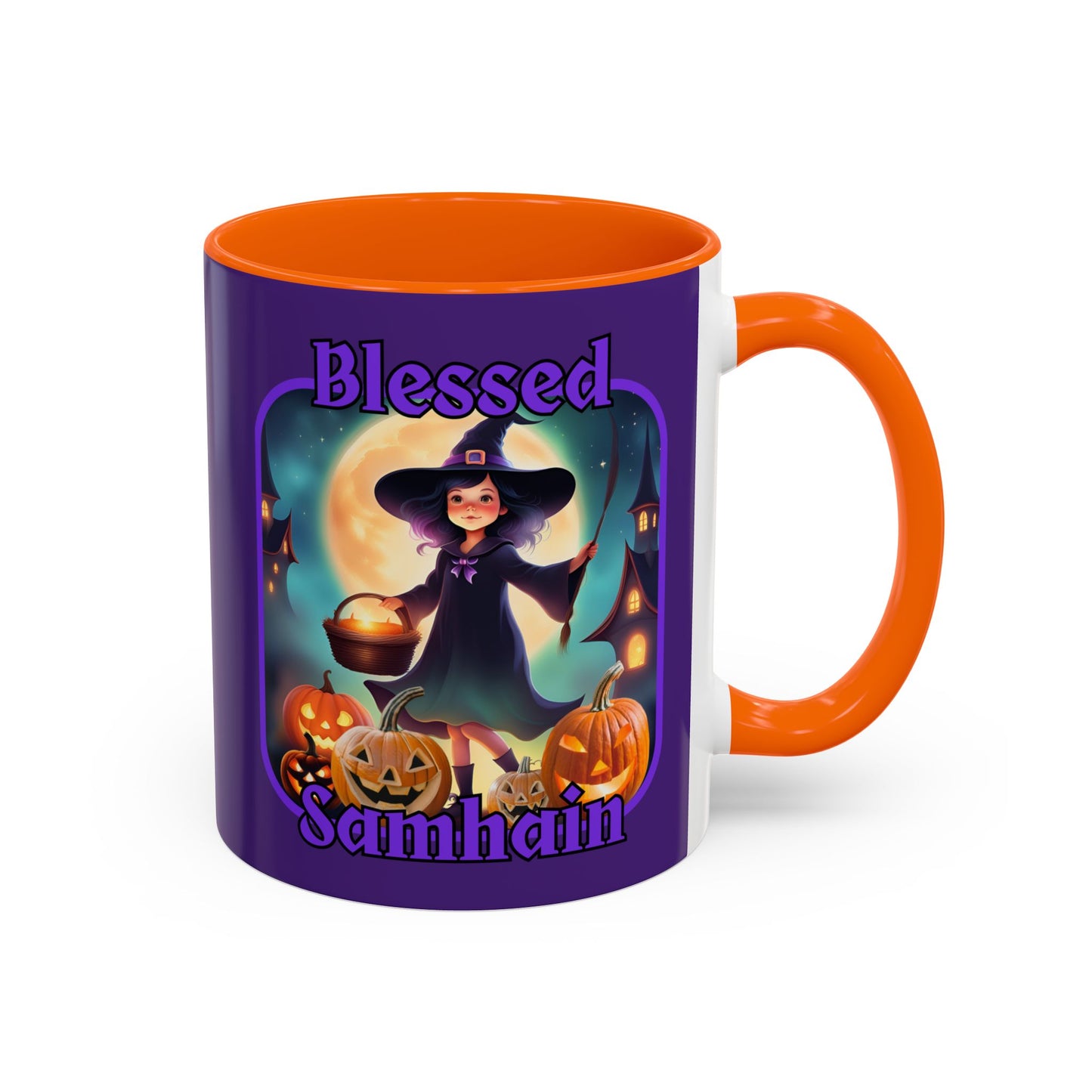 Blessed Samhain Little Witch Purple font Purple Accent Mug by CreepyCrafts.boo