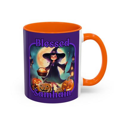 Blessed Samhain Little Witch Purple font Purple Accent Mug by CreepyCrafts.boo
