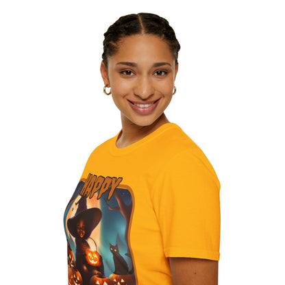 Happy Halloween Cute Witch Orange font, Light colors, Unisex T-Shirt by CreepyCrafts.boo