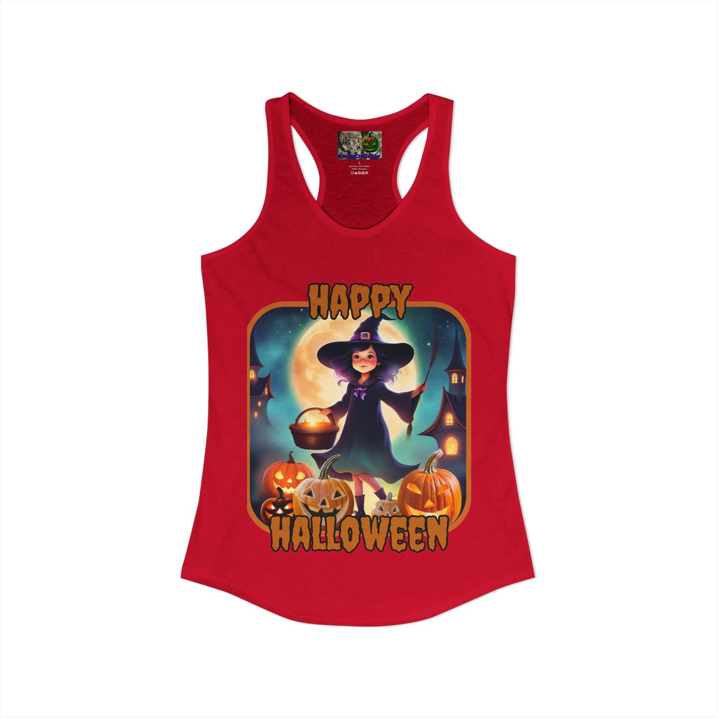 Happy Halloween Little Witch Orange font Women's Racerback Tank Top by CreepyCrafts.boo
