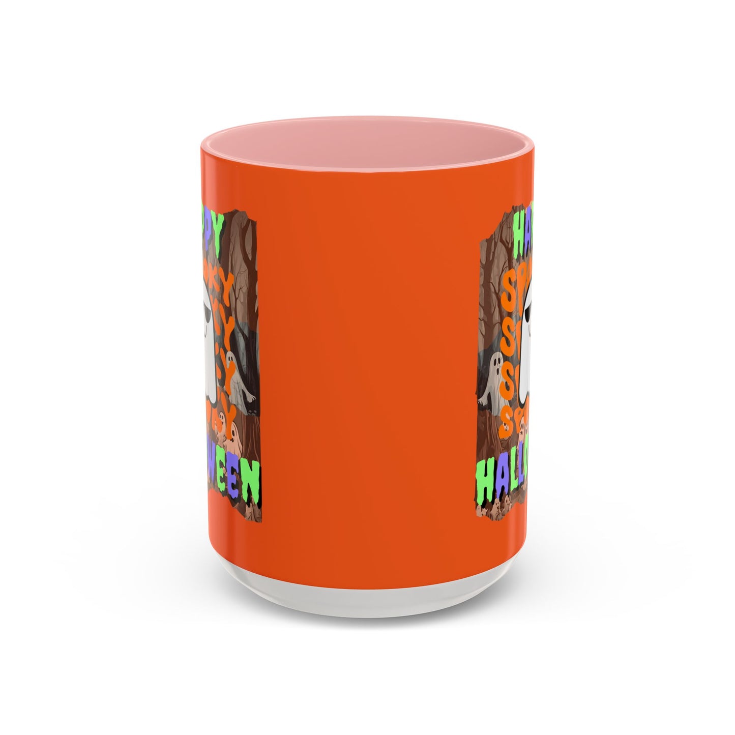 Spooky Happy Halloween Ghost Mixed font Orange Accent Mug by CreepyCrafts.boo