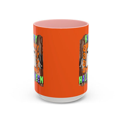 Spooky Happy Halloween Ghost Mixed font Orange Accent Mug by CreepyCrafts.boo