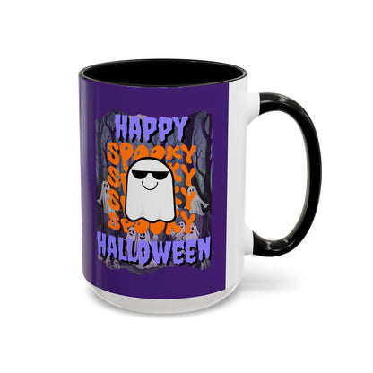 Spooky Happy Halloween Ghost Purple font Purple Accent Mug by CreepyCrafts.boo