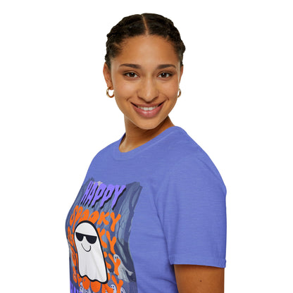 Spooky Happy Halloween Ghost Light colors Purple font Unisex T-Shirt by CreepyCrafts.boo