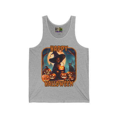Happy Halloween Cute Witch Orange font Unisex Jersey Tank Top by CreepyCrafts.boo