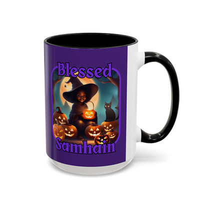 Blessed Samhain Cute Witch Purple font Purple Accent Mug by CreepyCrafts.boo