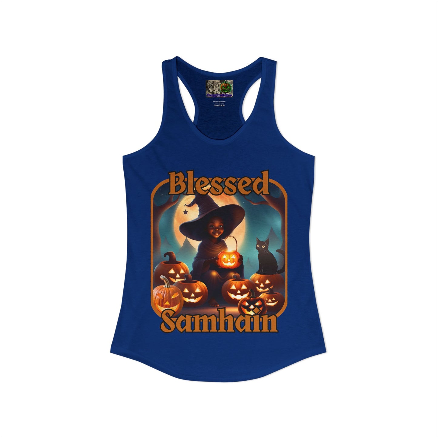 Blessed Samhain Cute Witch Orange font Women's Racerback Tank Top by CreepyCrafts.boo