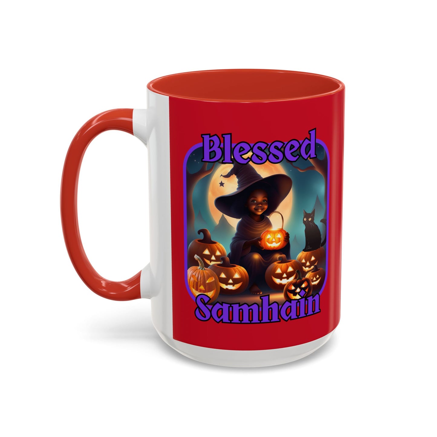 Blessed Samhain Cute Witch Purple font Red Accent Mug by CreepyCrafts.boo