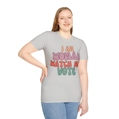 I Am Woman Watch Me Vote LTcolors Unisex T-Shirt by cypherpunkgear.com
