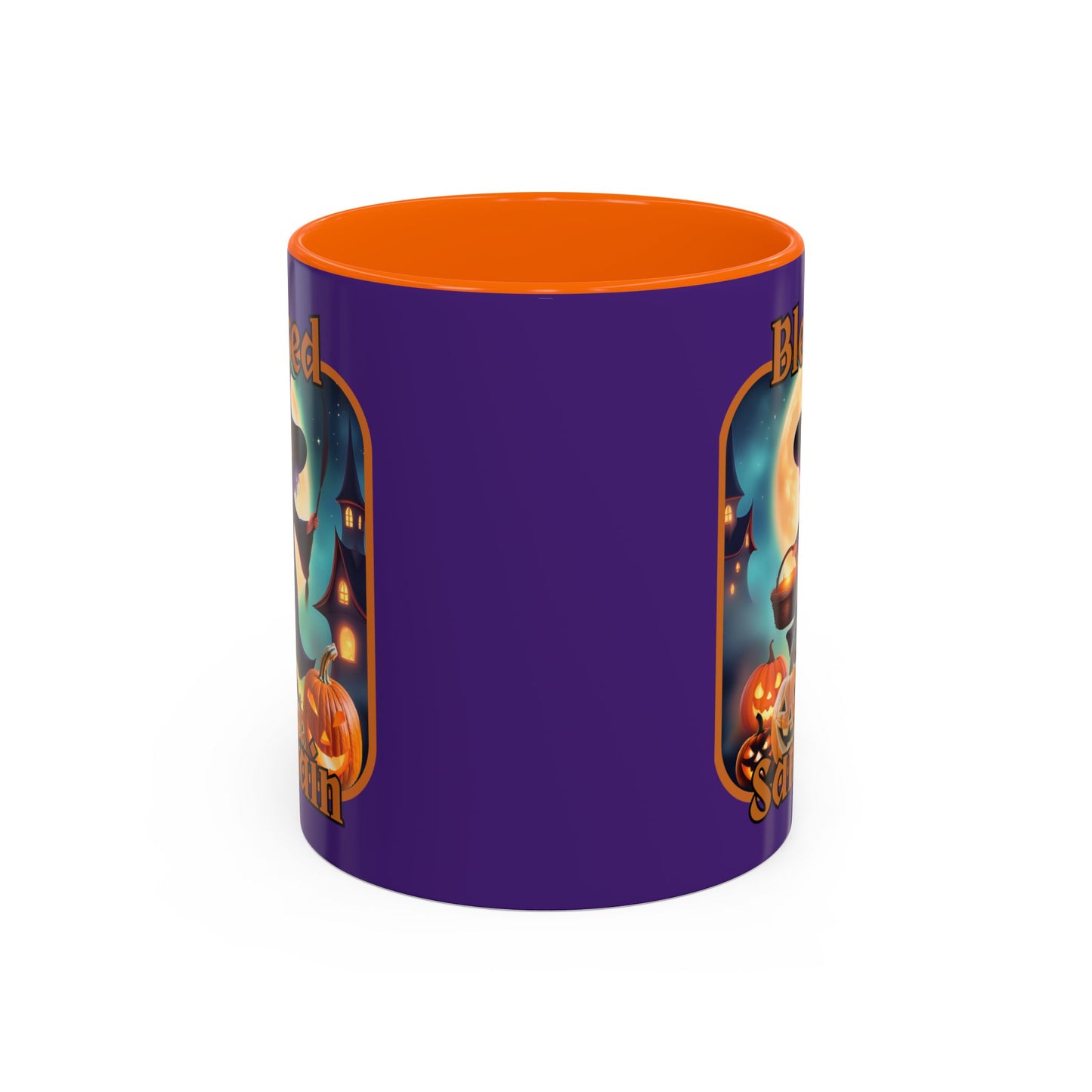 Blessed Samhain Little Witch Orange font Purple Accent Mug by CreepyCrafts.boo