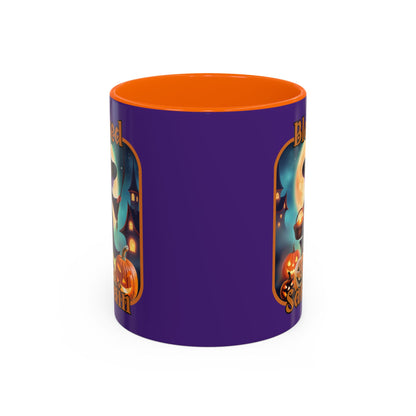 Blessed Samhain Little Witch Orange font Purple Accent Mug by CreepyCrafts.boo