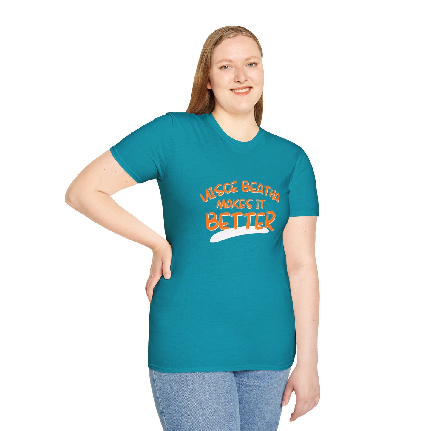 Uisce Beatha makes it better Orange font Dark colors Unisex T-Shirt by cypherpunkgear.com