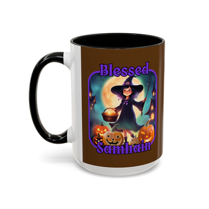 Blessed Samhain Little Witch Purple font Brown Accent Mug by CreepyCrafts.boo