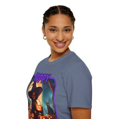 Happy Halloween Cute Witch Purple font Dark colors Unisex T-Shirt by CreepyCrafts.boo