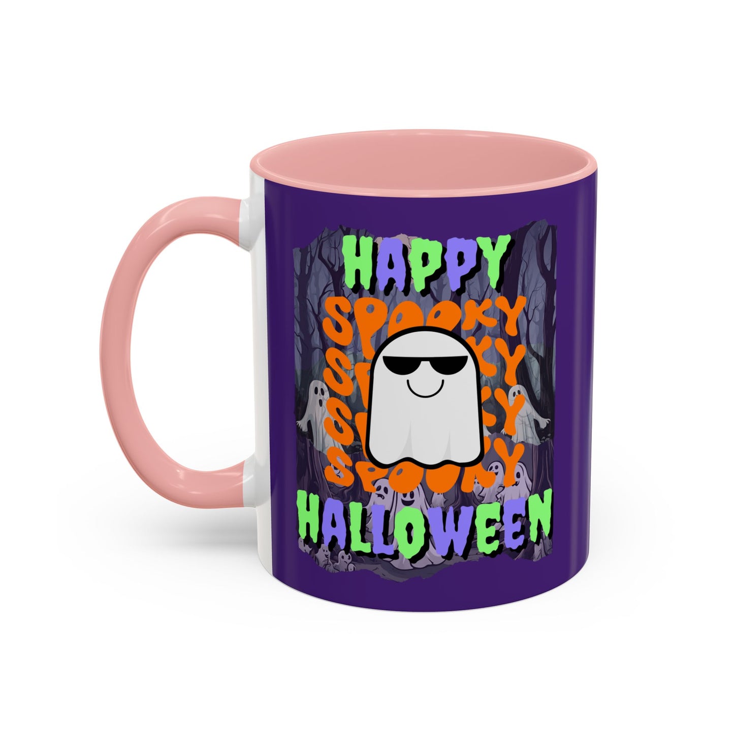 Spooky Happy Halloween Ghost Mixed font Purple Accent Mug by CreepyCrafts.boo