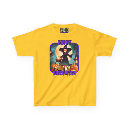 Happy Halloween Little Witch Purple font Kids Heavy Cotton™ Tee by CreepyCrafts.boo