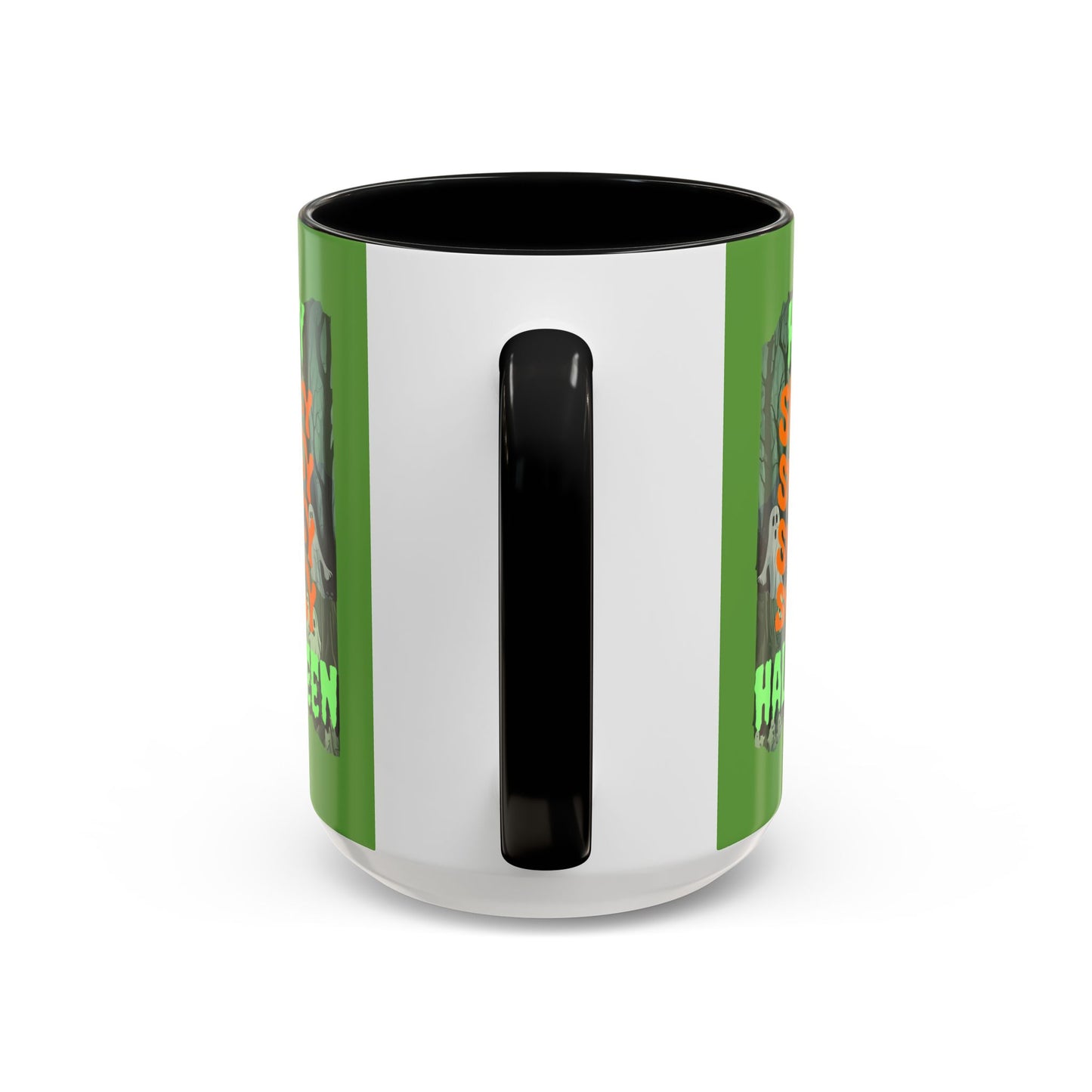 Spooky Happy Halloween Ghost Green font Green Accent Mug by CreepyCrafts.boo