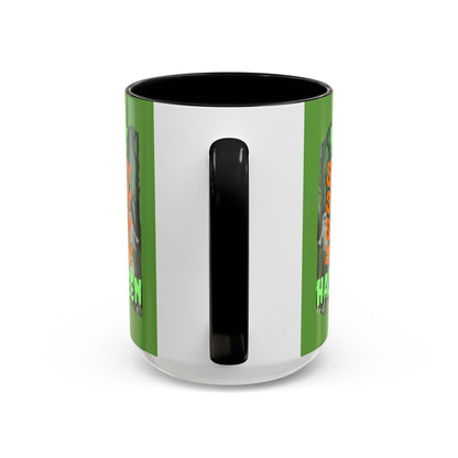 Spooky Happy Halloween Ghost Green font Green Accent Mug by CreepyCrafts.boo