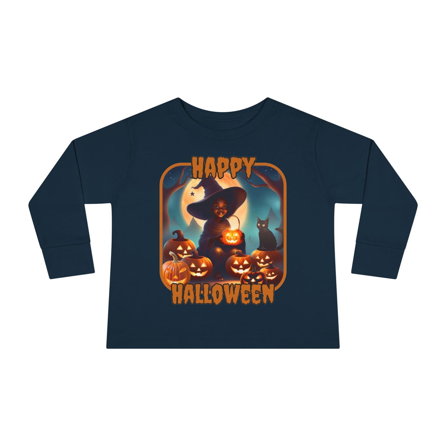 Happy Halloween Cute Witch Orange font Toddler Long Sleeve Tee by CreepyCrafts.boo