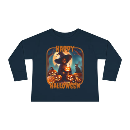 Happy Halloween Cute Witch Orange font Toddler Long Sleeve Tee by CreepyCrafts.boo