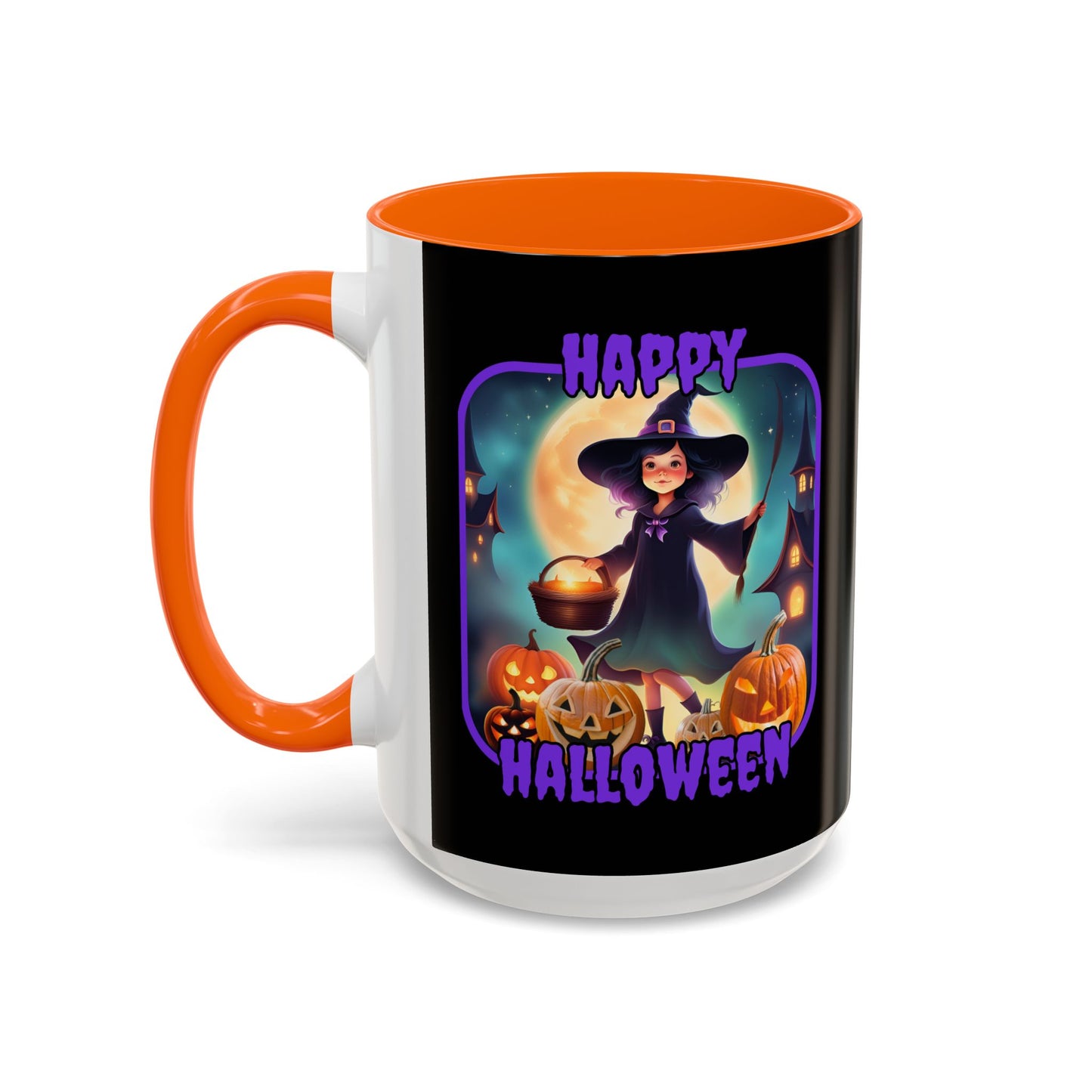 Happy Halloween Little Witch Purple font Black Accent Mug by CreepyCrafts.boo