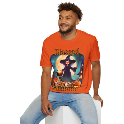 Blessed Samhain Little Witch Orange font Light colors Unisex T-Shirt by CreepyCrafts.boo