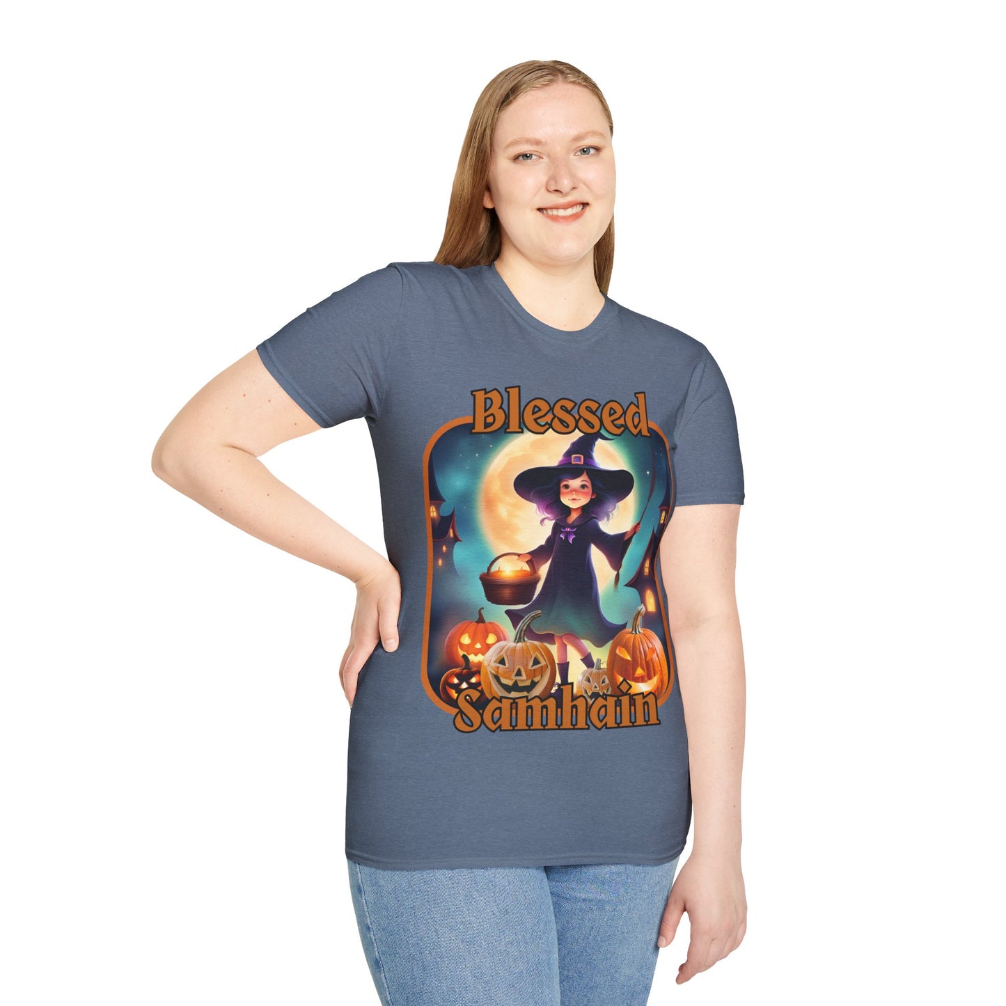 Blessed Samhain Little Witch Orange font Dark colors Unisex T-Shirt by CreepyCrafts.boo