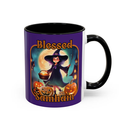 Blessed Samhain Little Witch Orange font Purple Accent Mug by CreepyCrafts.boo