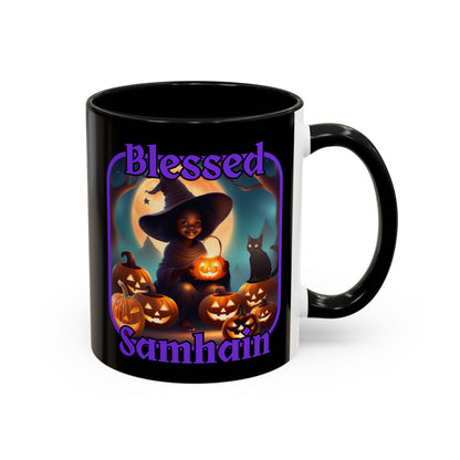 Blessed Samhain Cute Witch Purple font Black Accent Mug by CreepyCrafts.boo