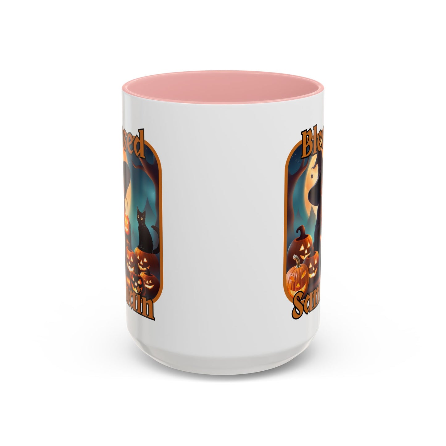 Blessed Samhain Cute Witch Orange font White Accent Mug by CreepyCrafts.boo