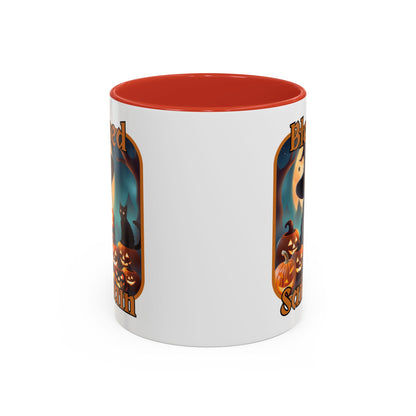 Blessed Samhain Cute Witch Orange font White Accent Mug by CreepyCrafts.boo