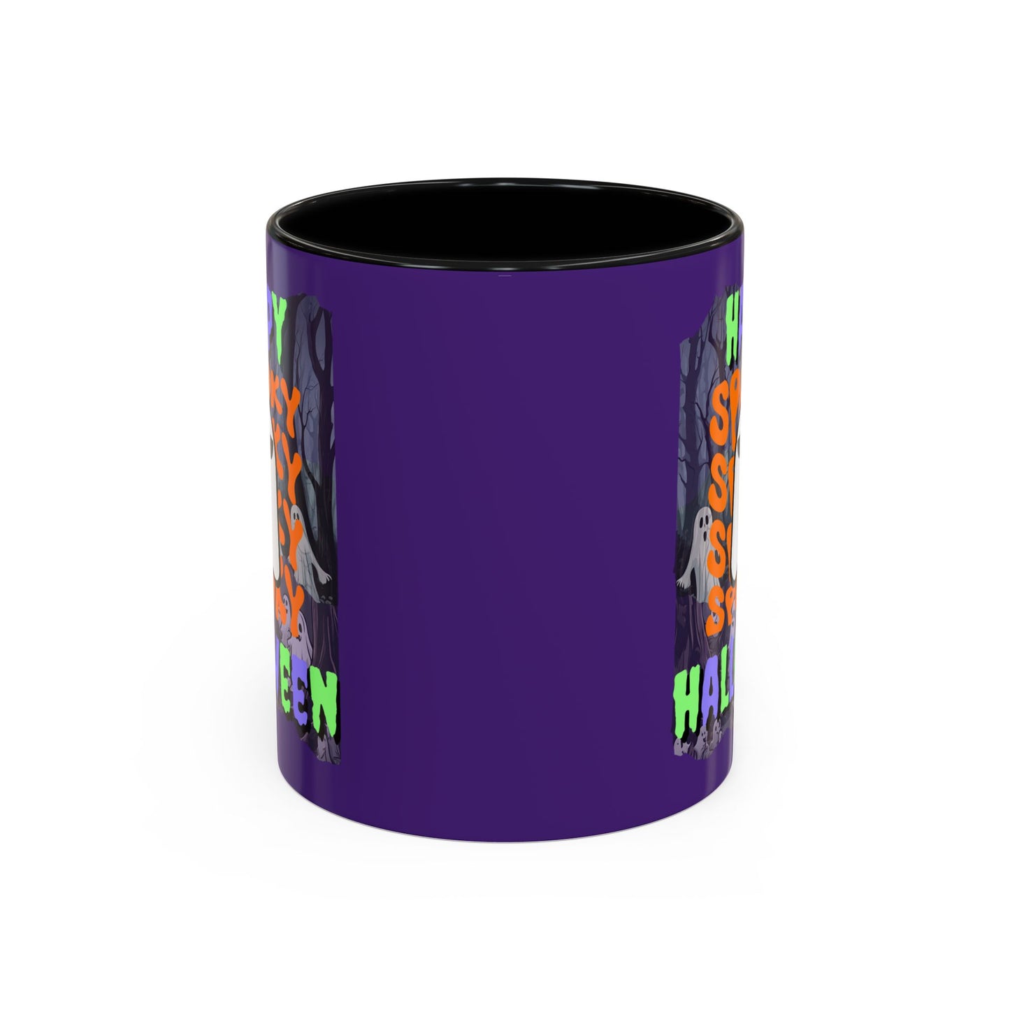 Spooky Happy Halloween Ghost Mixed font Purple Accent Mug by CreepyCrafts.boo