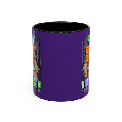 Spooky Happy Halloween Ghost Mixed font Purple Accent Mug by CreepyCrafts.boo