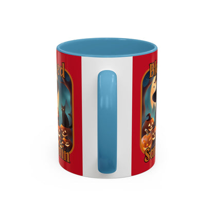 Blessed Samhain Cute Witch Orange font Red Accent Mug by CreepyCrafts.boo