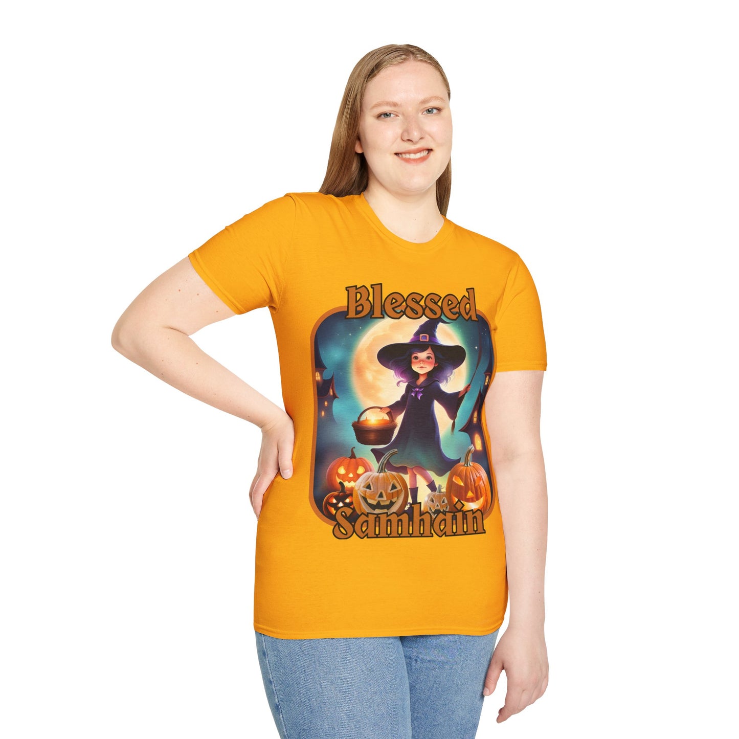 Blessed Samhain Little Witch Orange font Light colors Unisex T-Shirt by CreepyCrafts.boo