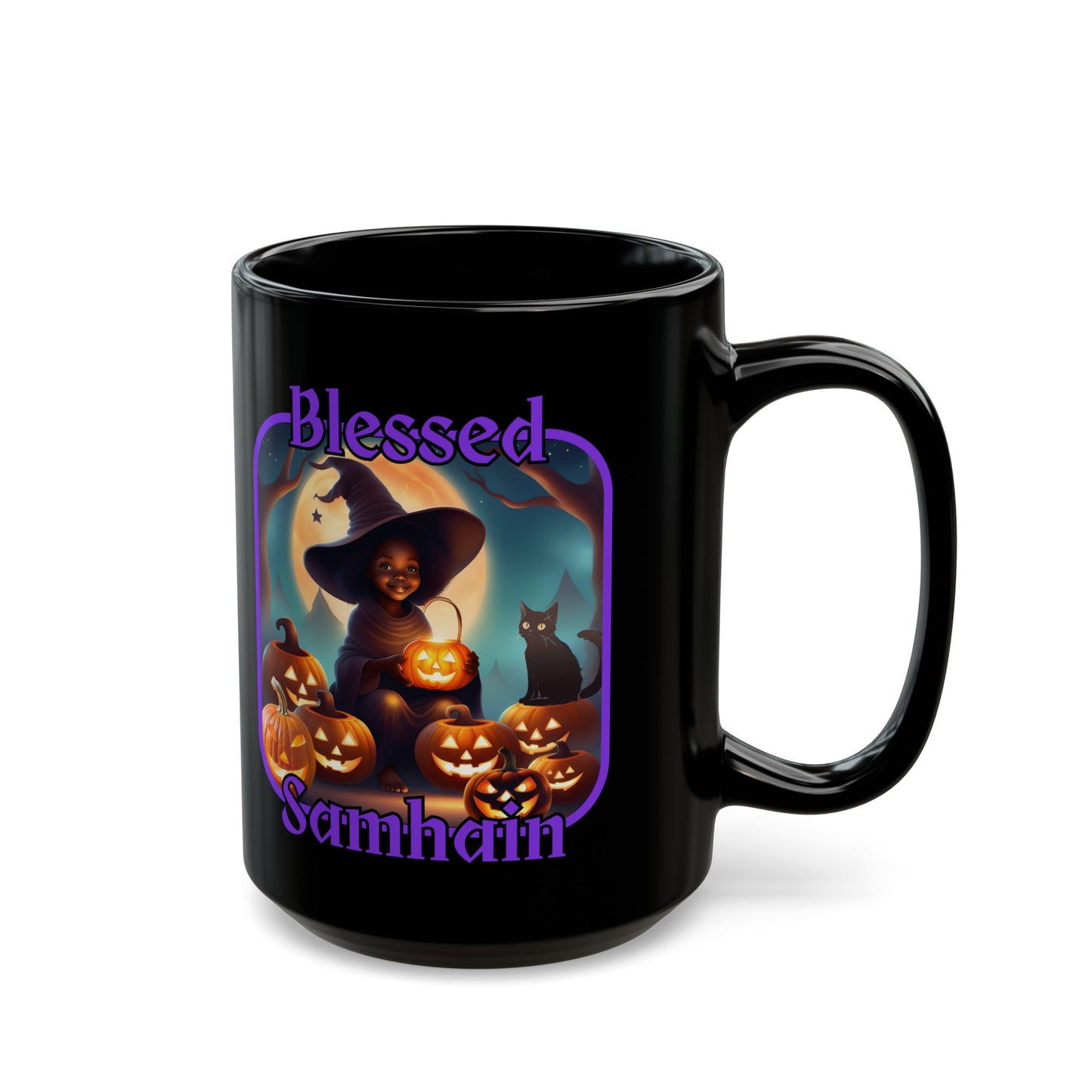 Blessed Samhain Cute Witch PRfont Black Mug by cypherpunkgear