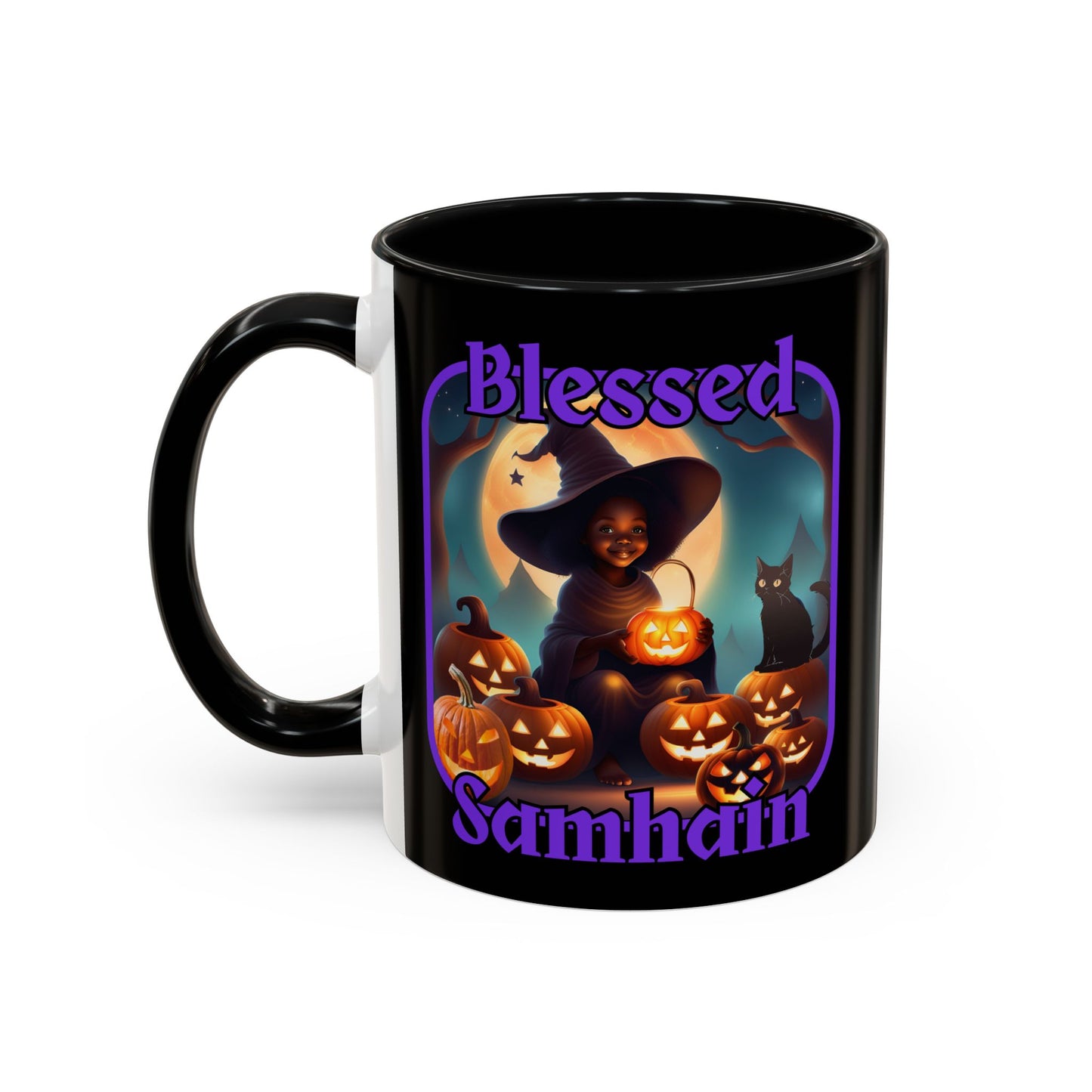 Blessed Samhain Cute Witch Purple font Black Accent Mug by CreepyCrafts.boo