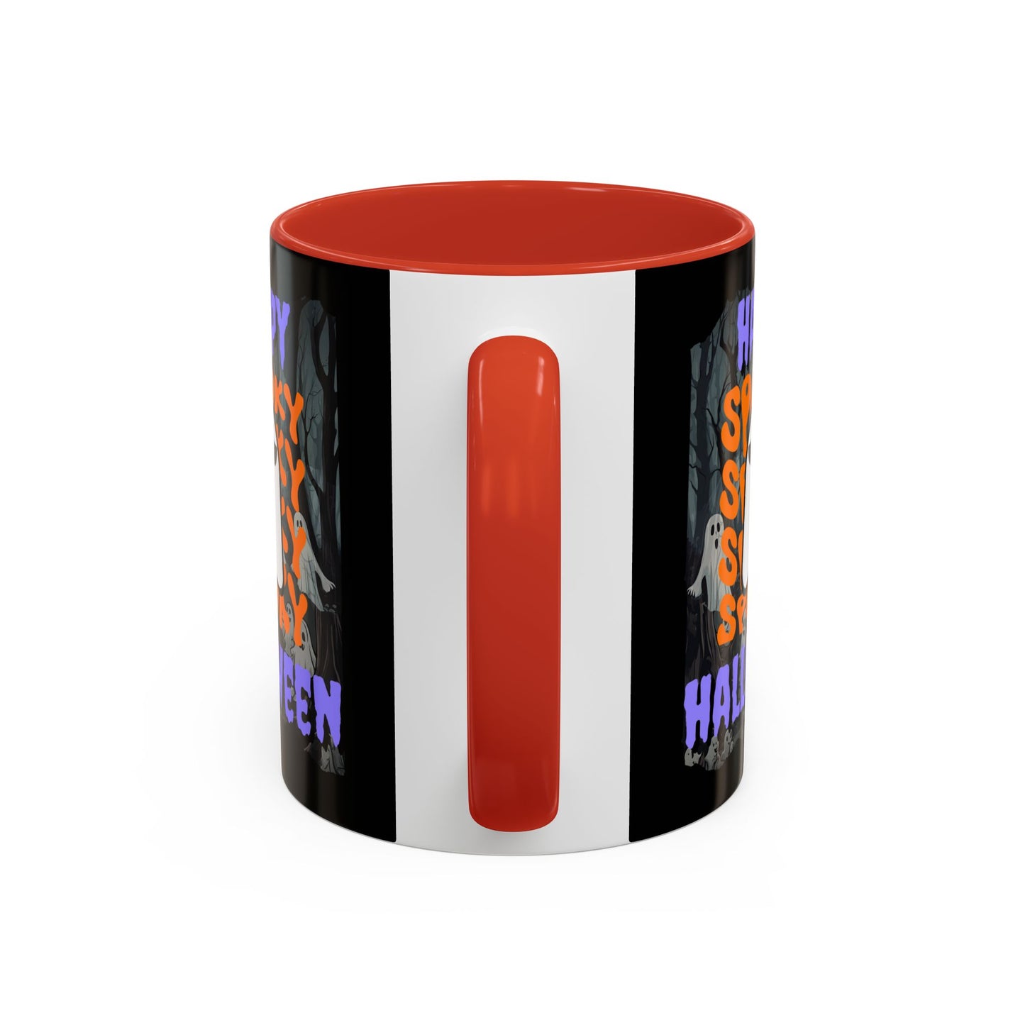 Spooky Happy Halloween Ghost Purple font Black Accent Mug by CreepyCrafts.boo