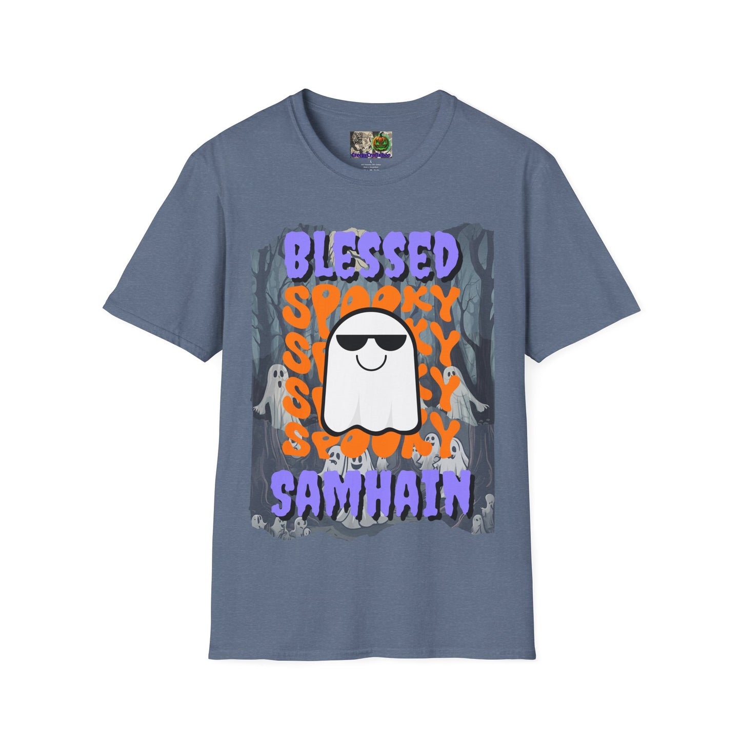 Spooky Blessed Samhain Ghost Purple font Unisex T-Shirt by CreepyCrafts.boo